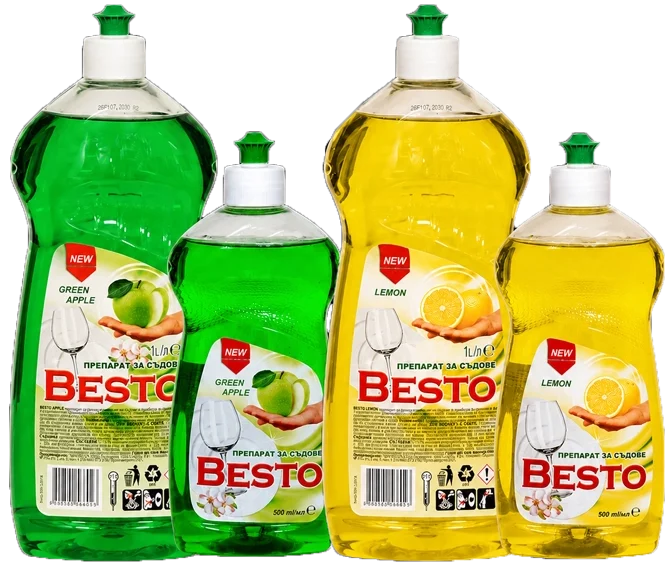 BESTO Dishwashing Liquid течен препарат за съдове в аромати Green Apple и Lemon